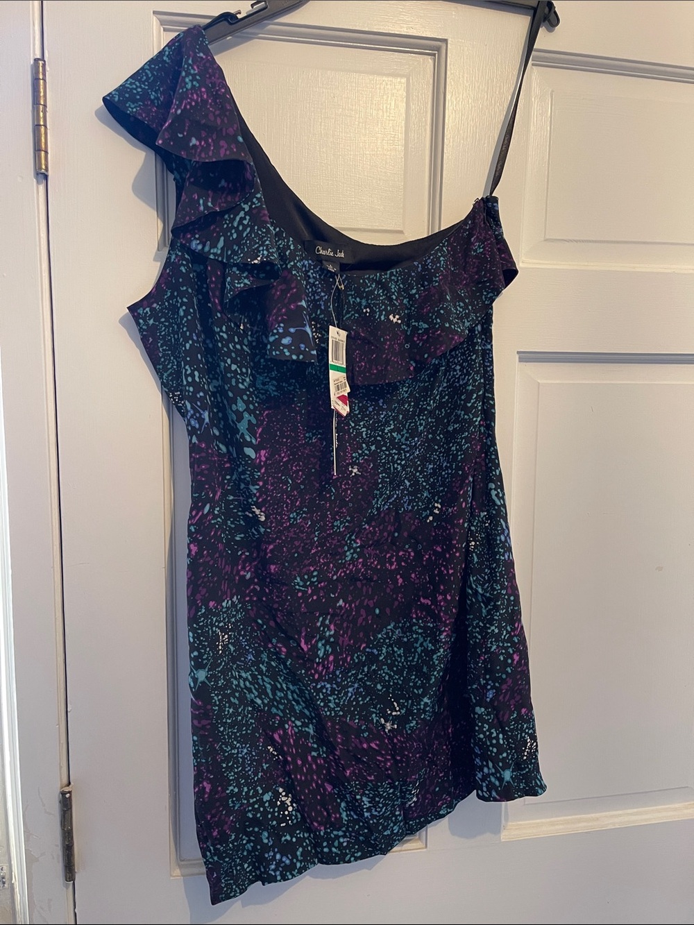 Macys Black Dress with Teal & Purple Speckle Print